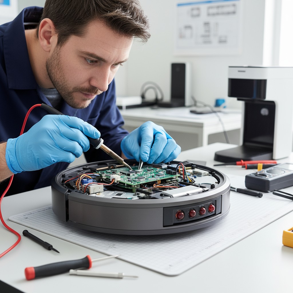 The man Is modifying the electronic componentry of a vacuum with a soldering iron.