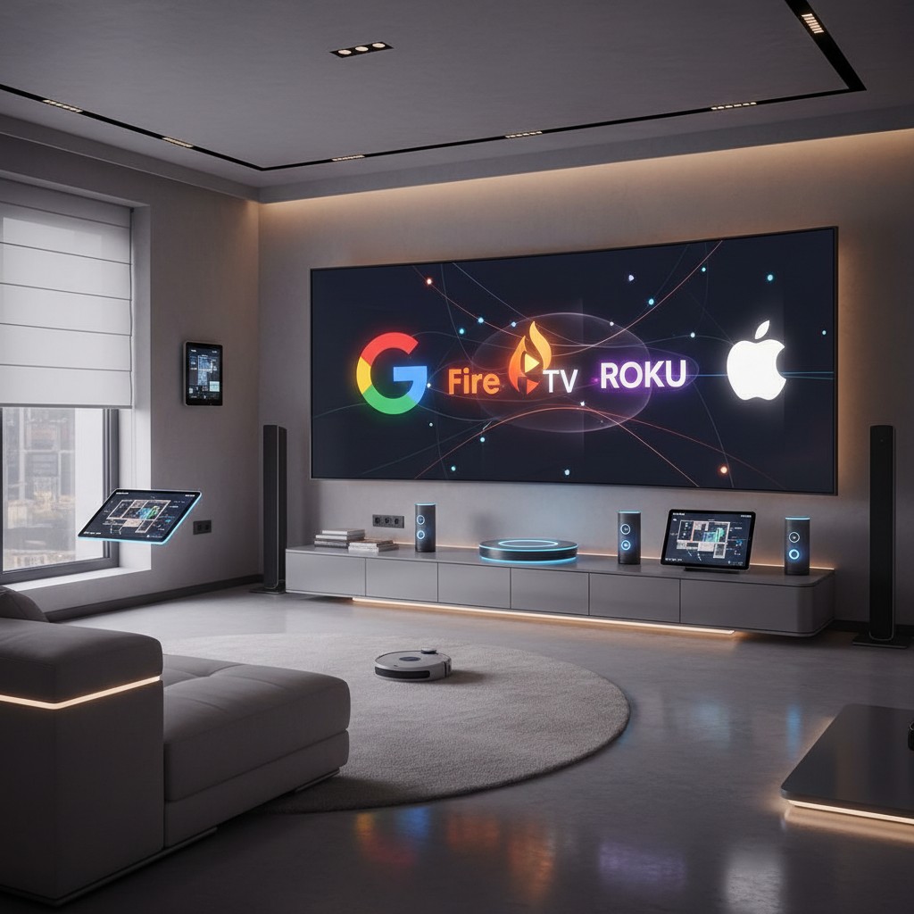 Living room scenarios: a sitting-area sofa, a large entertainment unit holding five electronic devices and four speakers, ...