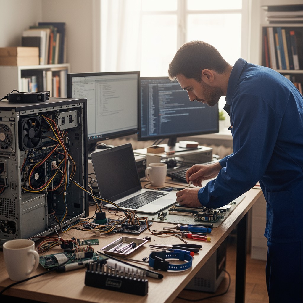 A man in a blue shirt works on a computer and electronics at a cluttered desk.