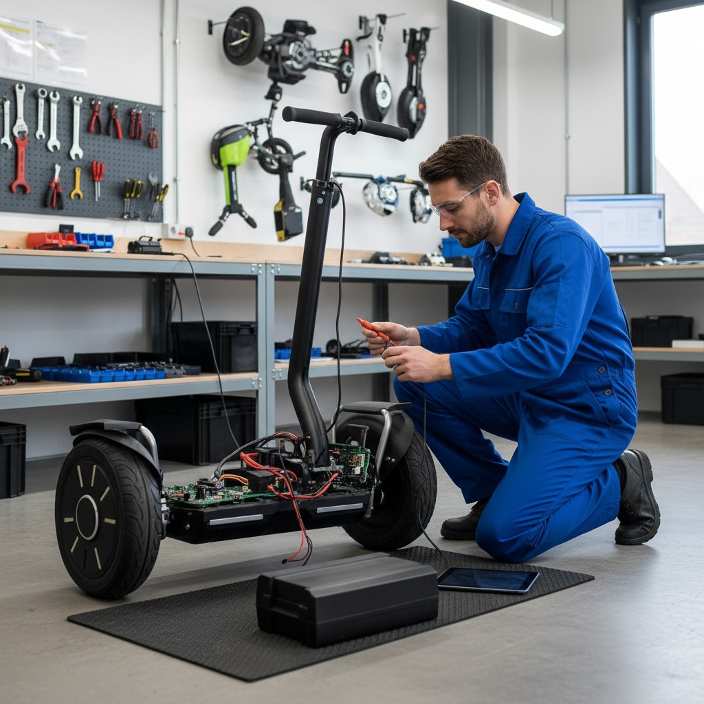 Male kneeling mat, replacing electronics on a safe two-wheel handheld electric self-balancing scooter in a workroom.Orange...